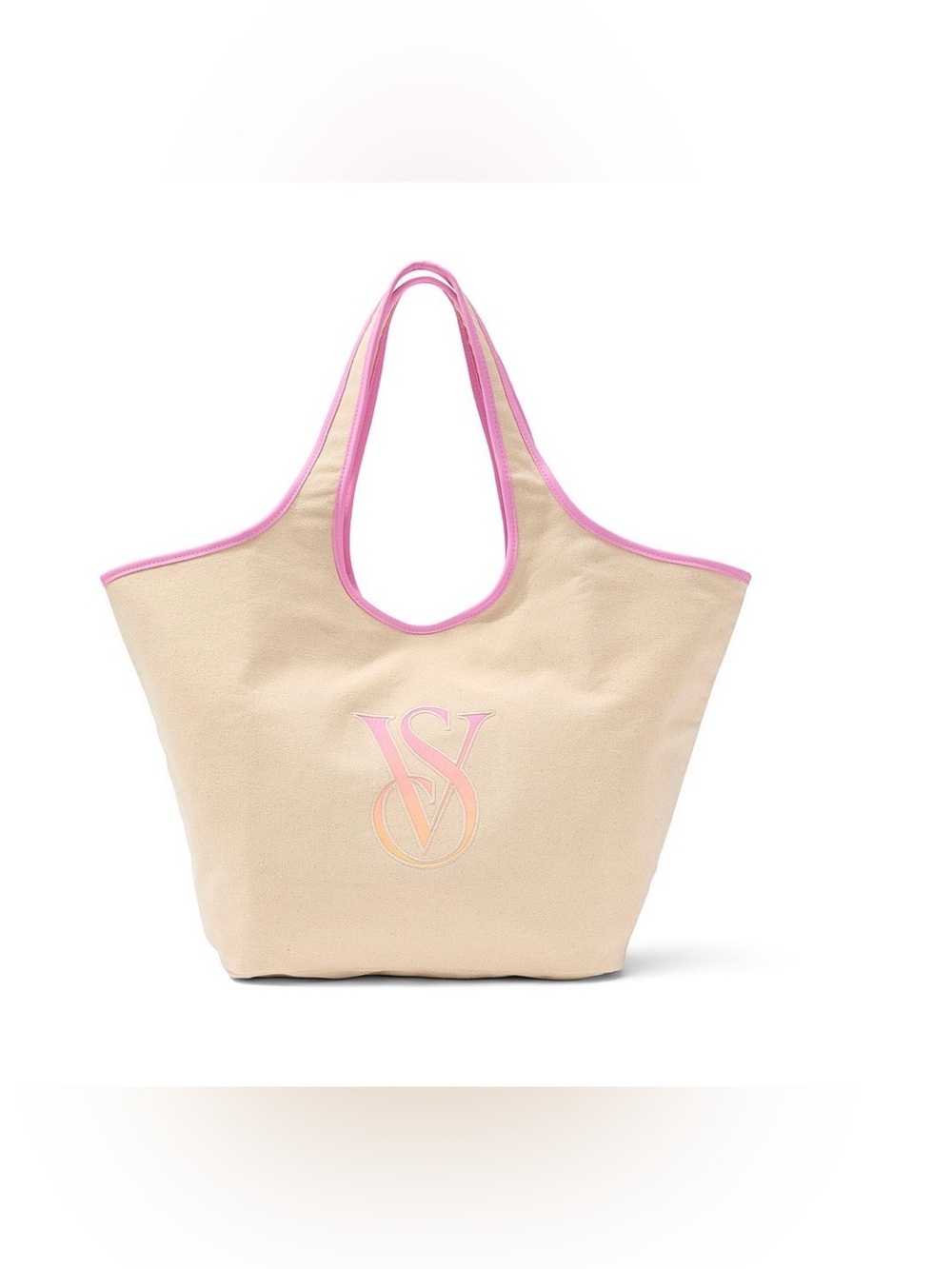 Victoria's Secret Beige Canvas Tote with Pink Trim